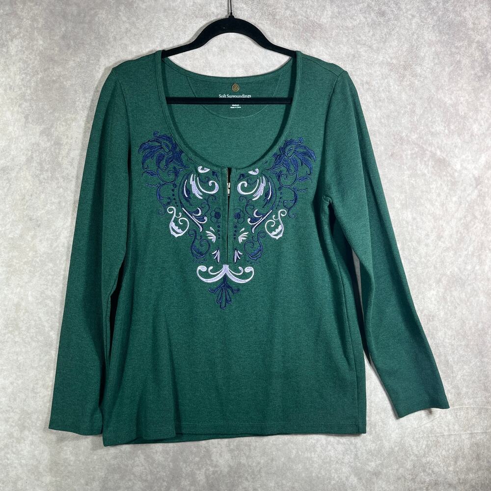 Soft Surroundings Shirt Womens Medium Green Waffle Knit Zip Long Sleeve Artsy